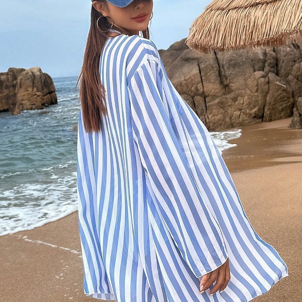 Blue Casual Womens Striped High Waisted Bikini Swimsuit With Kimono - Picture 2 of 5
